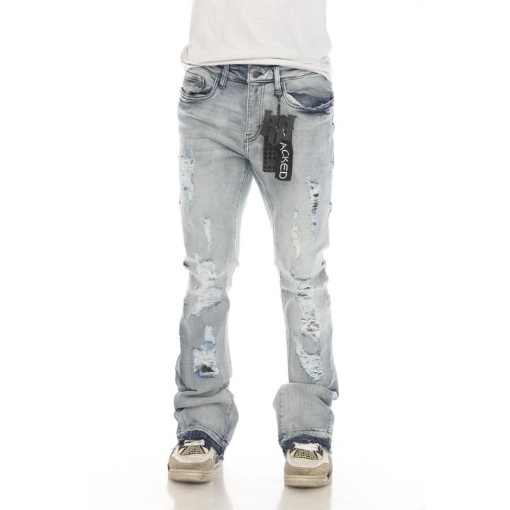Distressed Light Blue Stacked Flare Jeans