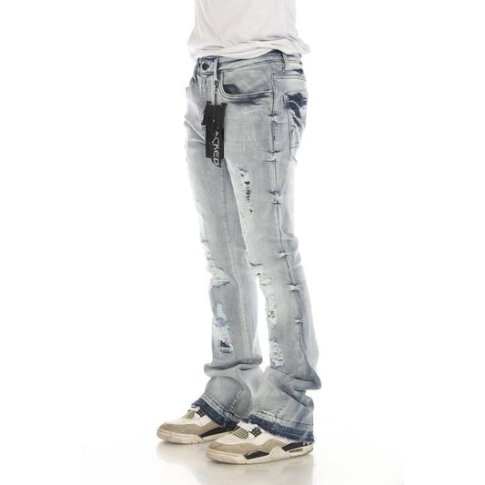 Distressed Light Blue Stacked Flare Jeans